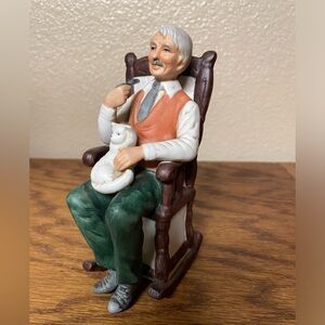 Vintage Ceramic Figurine Old Man In A Rocking Chair W/A Dog Pipe Made In Korea